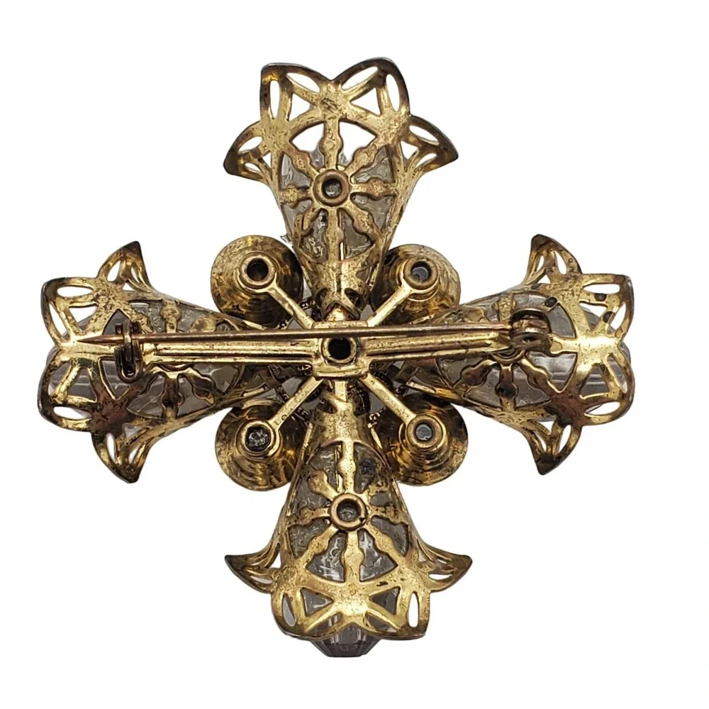 Maltese Cross Brooch Smoke Acrylic Gothic Revival Pin Gold Tone Rhinestones Vtg